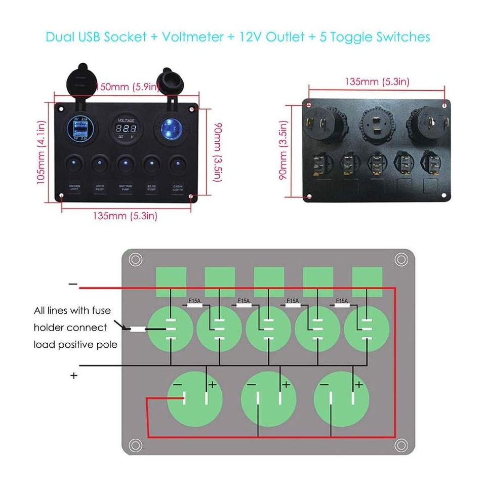 5 Gang Round Rocker Switch Panel with Dual USB, Voltmeter & Power Socket