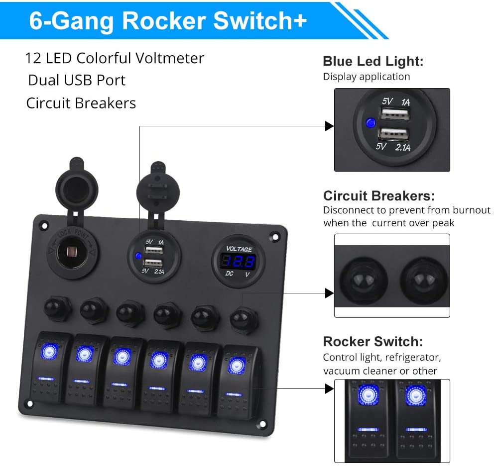 6 Gang Switch Panel With Voltmeter & Chargers Circuit Breakers