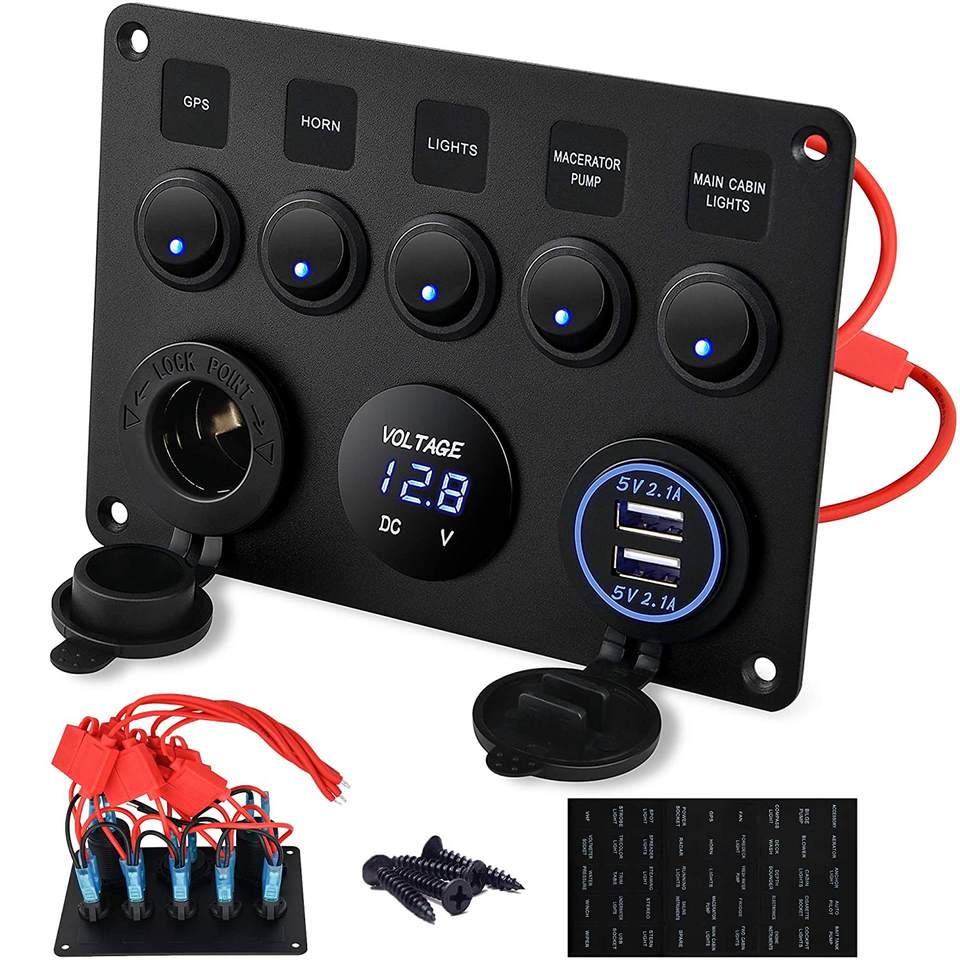 5 Gang Round Rocker Switch Panel with Dual USB, Voltmeter & Power Socket