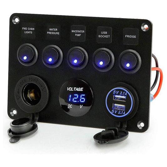 5 Gang Round Rocker Switch Panel with Dual USB, Voltmeter & Power Socket