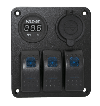 3 Gang Switch Panel With Blue Voltmeter And 3.1A Dual Usb Charger Blue Led Multi
